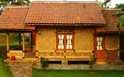 Desain Rumah Anyaman Bambu Cat Ruang Tamu Kombinasi Putih Gambar Pemandangan Alam