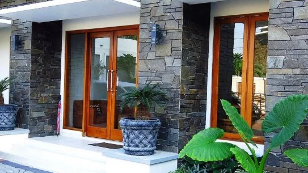 Desain Warna Teras Depan Batu Alam Partisi Ruangan Tamu Mewah Gaya Eropa